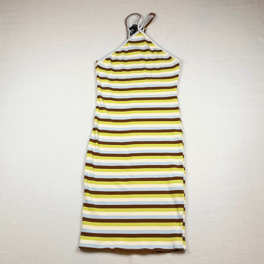 Forever 21 Halter Mini Dress Small Striped Ribbed Knit Green Blue Brown 0466